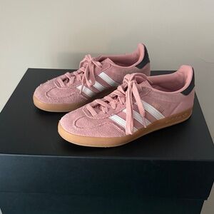 Adidas Pink Suede Trainers with White Stripes